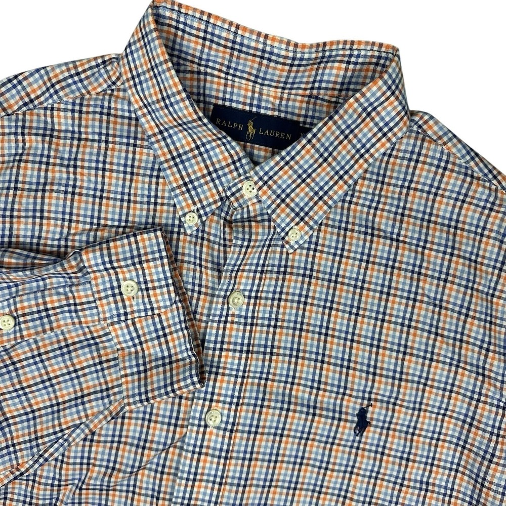 Ralph Lauren Button Down Shirt Mens XL Orange Blue Plaid Long Sleeve Pony Logo